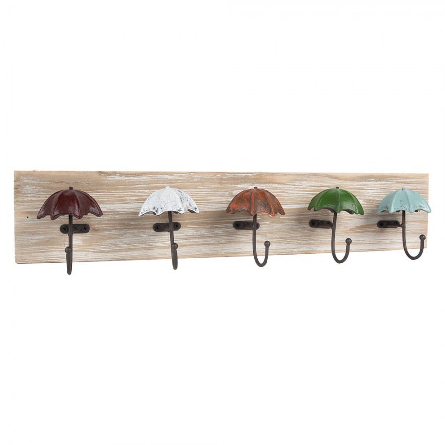 Dřevěný nástěnný věšák s 5ti háčky s deštníky Umbrella - 60*10*12 cm