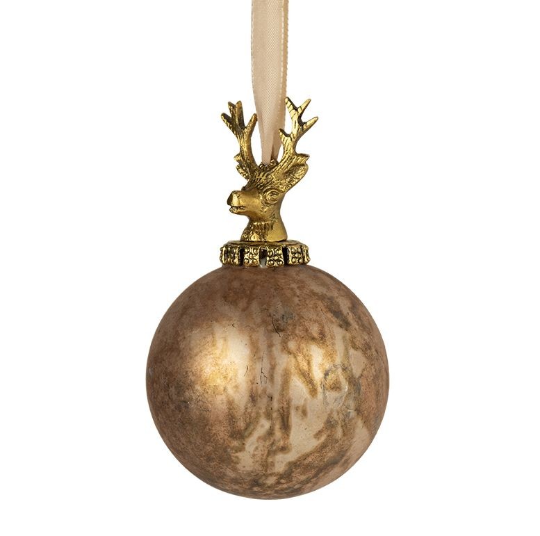 Hnědá antik skleněná vánoční koule s jelenem Deer - Ø 12*19 cm