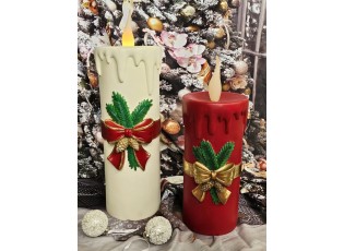 Vínová vánoční svíčka se zlatou mašlí Led Candle - 17*18*44 cm / 3*AA