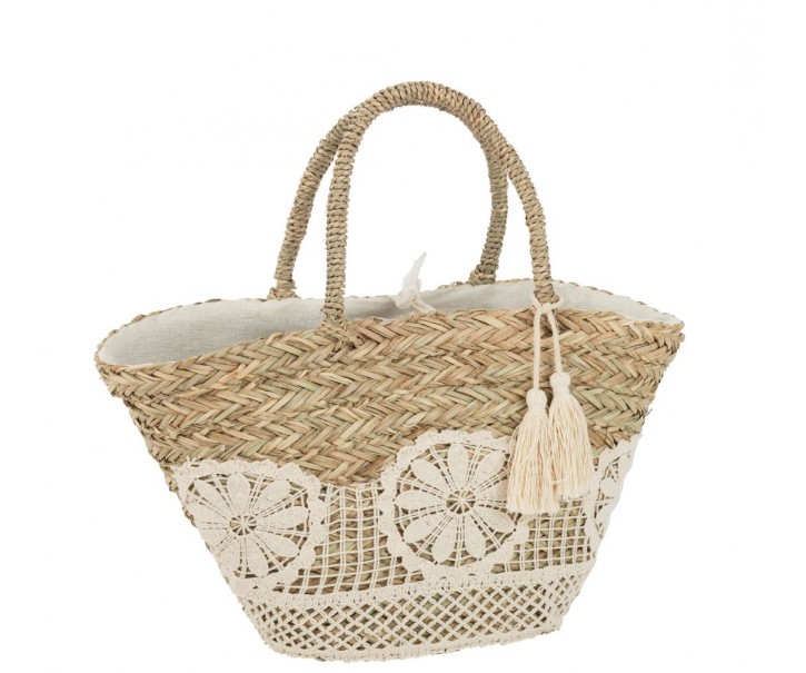 Plážová taška s krajkou a střapcem Beach Bag Flower - 50*19*52cm J-Line by Jolipa
