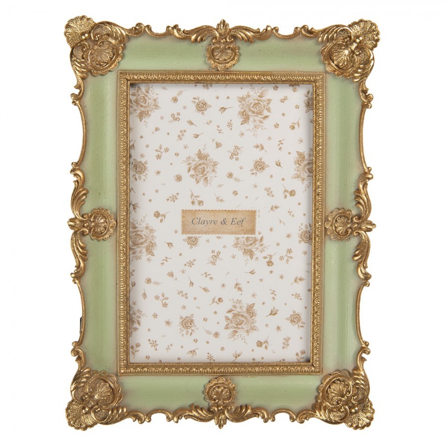 Zelený pastelový fotorámeček se zlatým zdobením - 15*2*21 cm / 10*15 cm