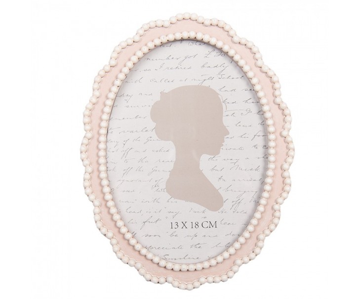 Růžový oválný fotorámeček s bílými perličkami - 16*2*20 cm / 13*18 cm Clayre & Eef