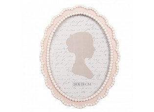 Růžový oválný fotorámeček s bílými perličkami - 13*2*18 cm / 10*15 cm