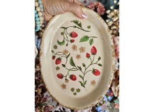Keramický oválný podnos s jahůdkami Wild Strawberries - 25*18*3cm