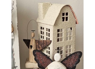 Béžový antik kovový svícen domek s pískovaným povrchem Vintage House - 14*14*26 cm