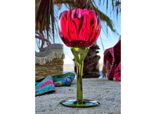 Růžový skleněný svícen květina Colorful Garden - Ø 8*18 cm