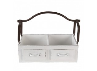 Bílý dřevěný retro box se dvěmi přihrádkami a kovovým uchem - 41*19*29 cm