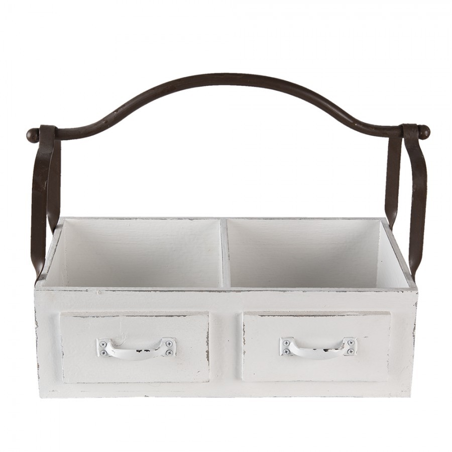 Bílý dřevěný retro box se dvěmi přihrádkami a kovovým uchem - 41*19*29 cm