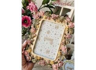 Béžový antik fotorámeček zdobený růžičkami - 17*2*21 cm / 10*15 cm