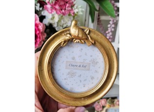 Zlatý kulatý fotorámeček s ptáčkem - 10*2*11 cm / Ø 8 cm