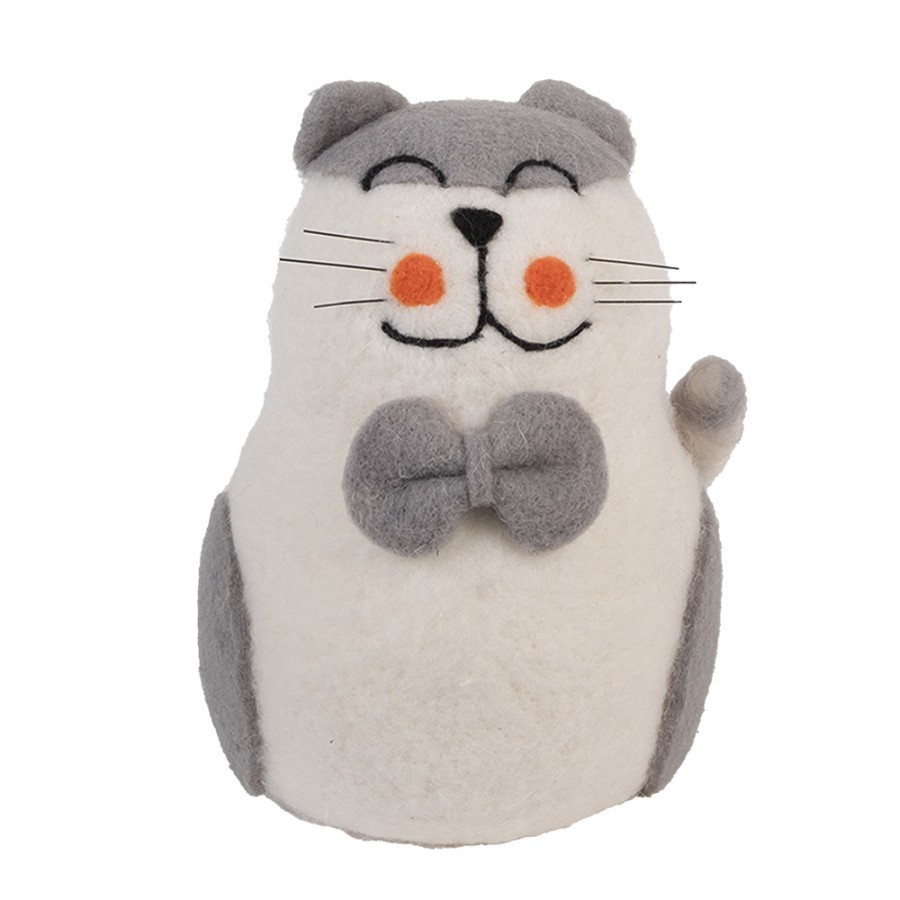 Decorative Figurine Cat 14x14x20 Cm White Felt - 14.0 cm