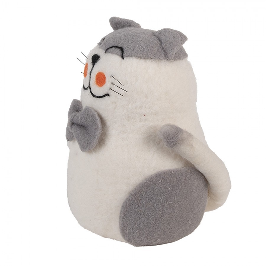 Decorative Figurine Cat 14x14x20 Cm White Felt - 14.0 cm