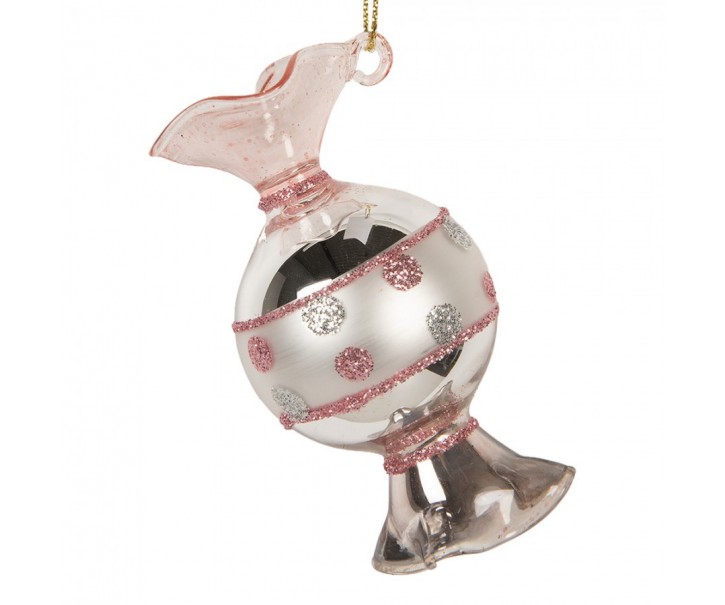 Růžovo-stříbrná skleněná vánoční ozdoba bonbón - 4*8 cm Clayre & Eef