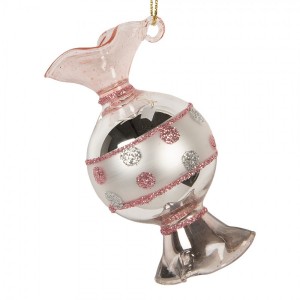 Růžovo-stříbrná skleněná vánoční ozdoba bonbón - 4*8 cm