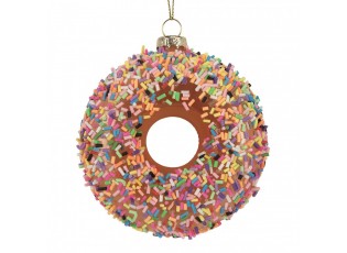 Vánoční skleněná závěsná ozdoba hnědý donut - Ø 10*4 cm