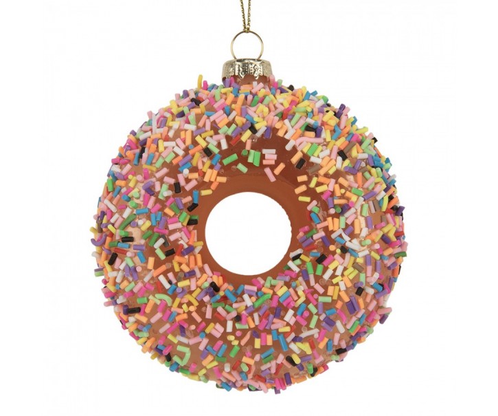 Vánoční skleněná závěsná ozdoba hnědý donut - Ø 10*4 cm Clayre & Eef