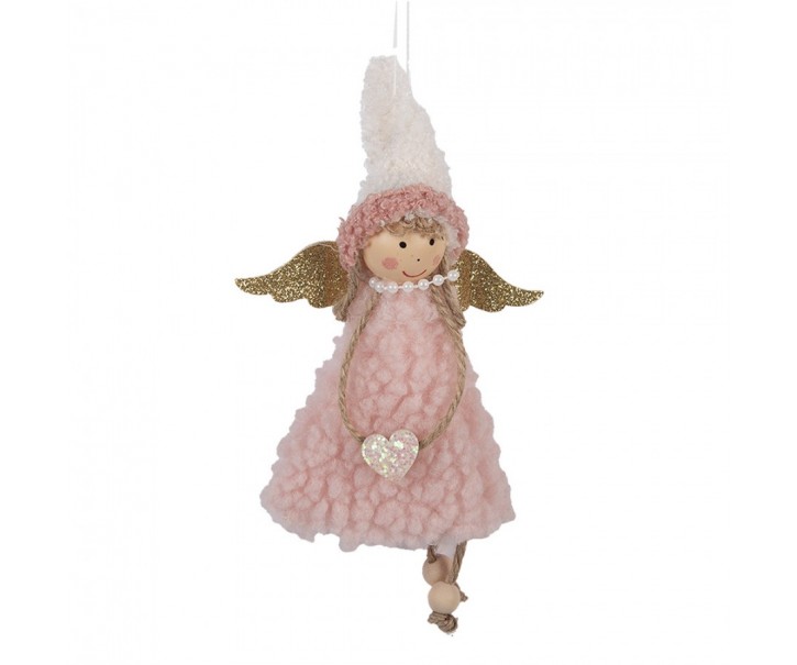 Růžová závěsná ozdoba anděl se srdíčkem - 10*3*20 cm Clayre & Eef