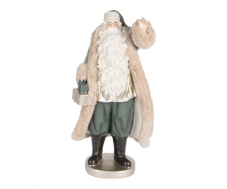 Béžovo-zelená dekorace Santa v kožichu a dárky - 20*15*42 cm Clayre & Eef