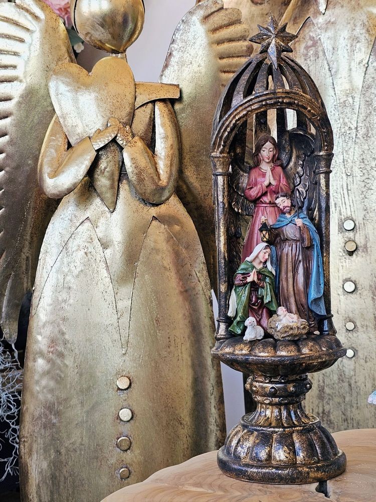 Mosazná antik dekorace Betlém na podstavci Nativity Scene - Ø 14*43 cm
