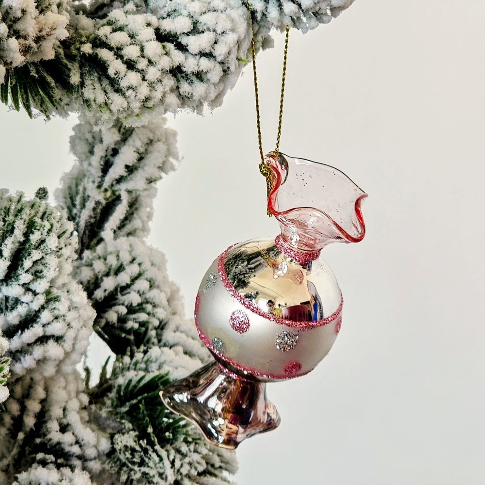 Růžovo-stříbrná skleněná vánoční ozdoba bonbón - 4*8 cm