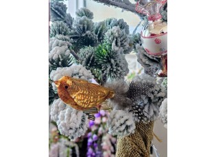 Zlatá hnědá skleněná vánoční ozdoba ptáček na klipu - 9*3*4 cm