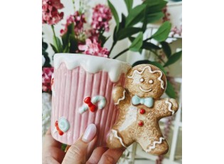 Růžový keramický hrnek s perníčkem Gingerbread - 15*10*10 cm / 350 ml