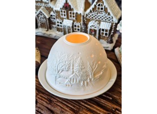 Bílý porcelánový svícen na čajovou svíčku zimní krajina Paollo - Ø 12 * 8 cm