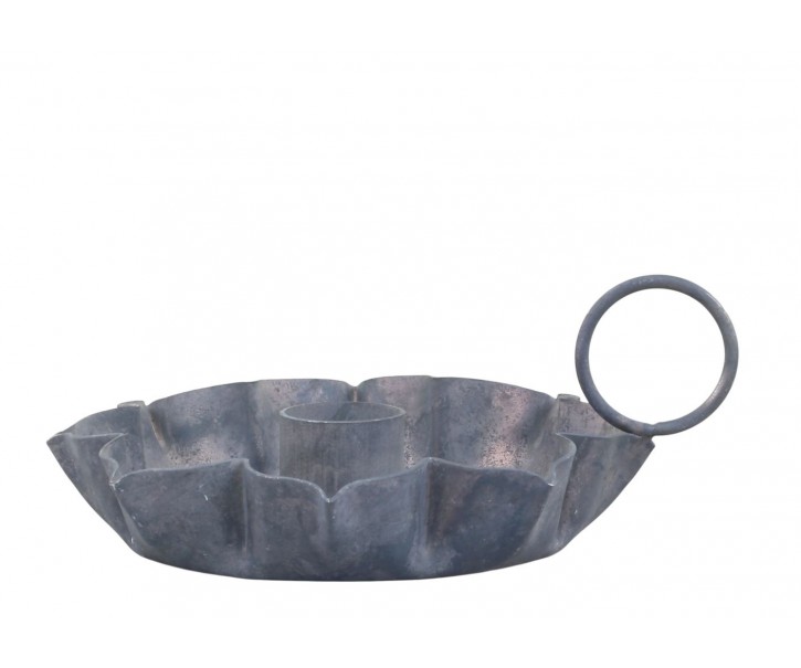 Zinkový antik kovový svícen na úzkou svíčku s ouškem Flower - 12*11*5 cm Chic Antique
