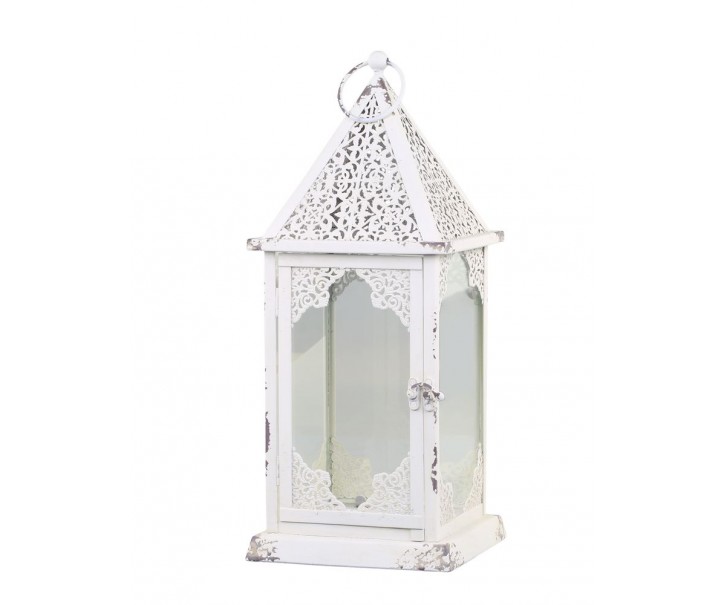 Krémová antik kovová lucerna se zdobením French - 18*18*43 cm Chic Antique