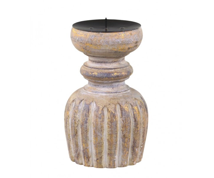 Zlato-přírodní antik dřevěný svícen na sloupovitou svíčku - Ø 9*15 cm Chic Antique