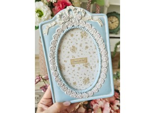 Modrý pastelový fotorámeček s růžičkami a mašlí - 14*2*21 cm / 10*15 cm