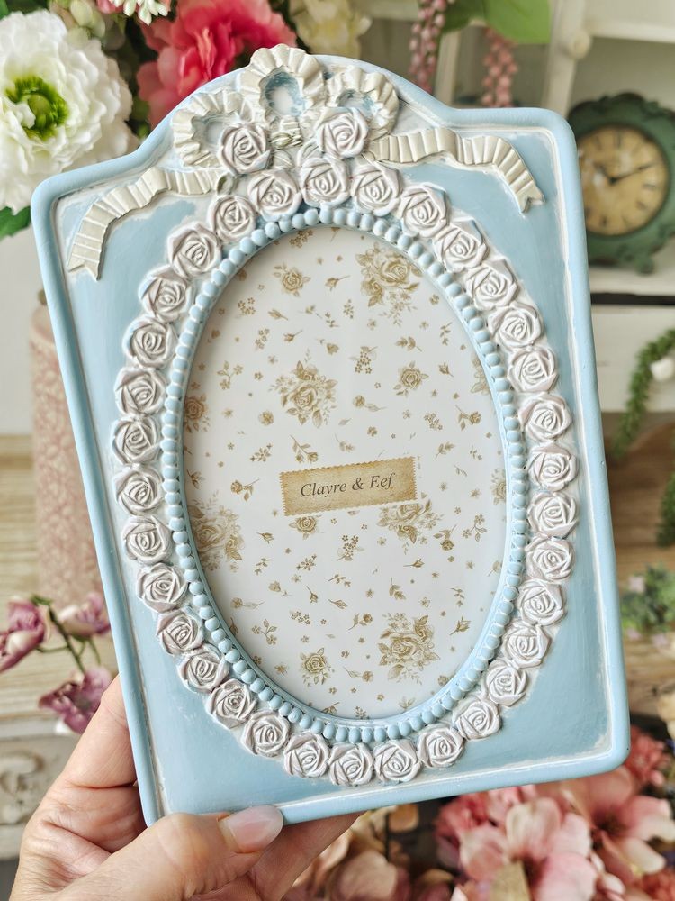 Modrý pastelový fotorámeček s růžičkami a mašlí - 14*2*21 cm / 10*15 cm