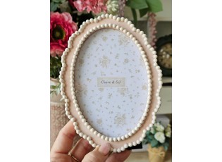 Růžový oválný fotorámeček s bílými perličkami - 13*2*18 cm / 10*15 cm