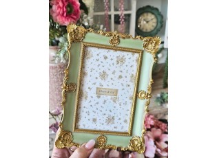 Zelený pastelový fotorámeček se zlatým zdobením - 15*2*21 cm / 10*15 cm