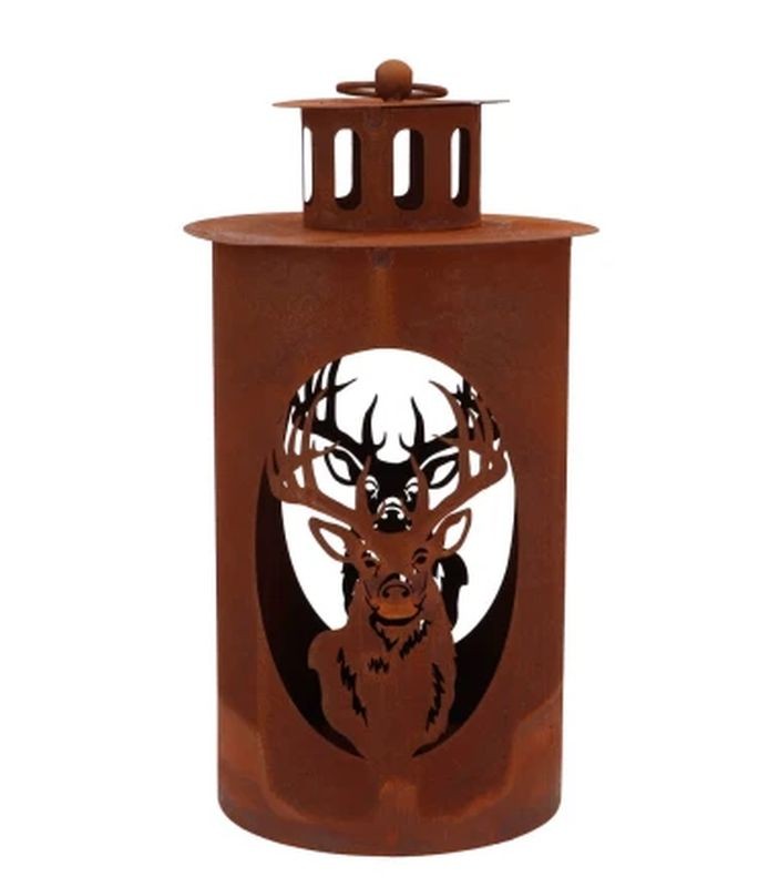 Rezavá antik plechová lucerna jelen Deer - Ø 14*26 cm