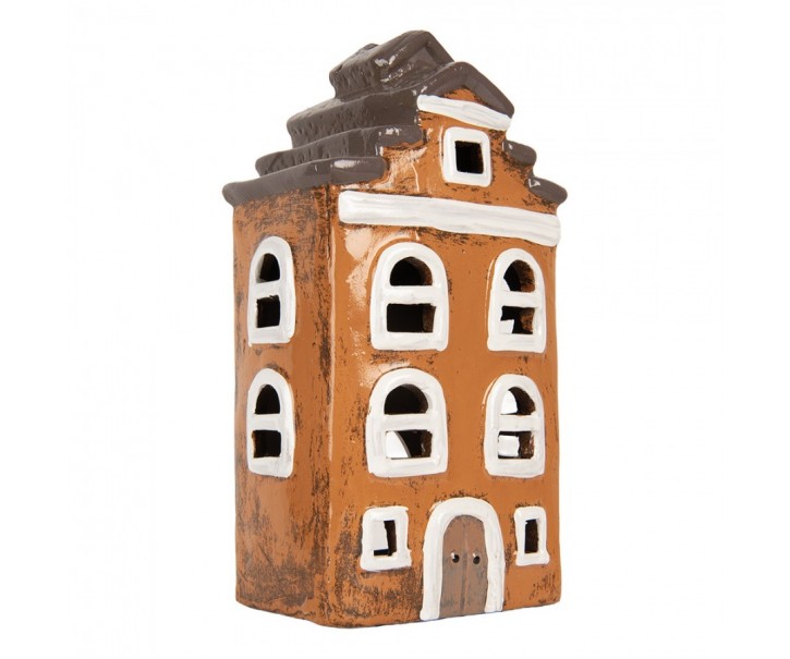 Oranžový keramický svícen na čajovou svíčku domek Village - 13*10*23 cm Clayre & Eef