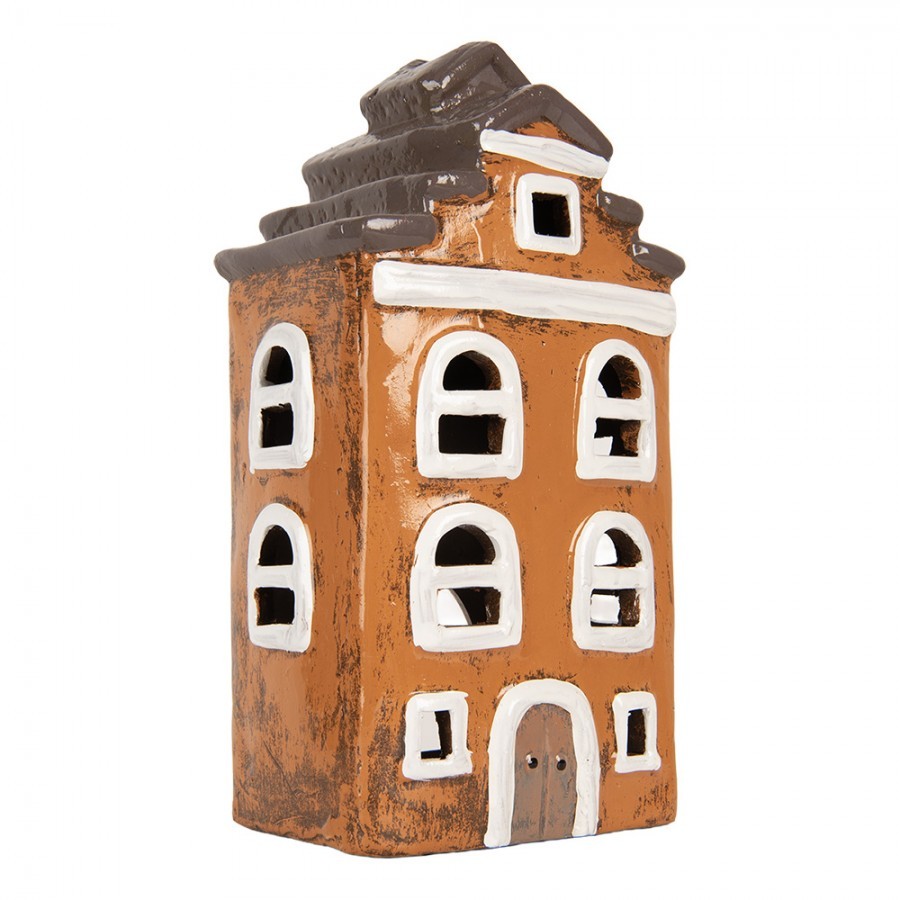 Oranžový keramický svícen na čajovou svíčku domek Village - 13*10*23 cm