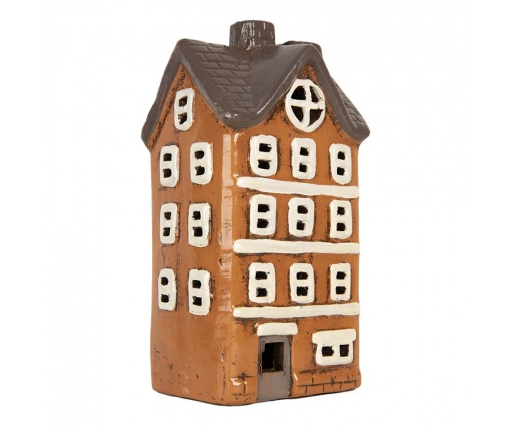 Hnědo-oranžový keramický svícen na čajovou svíčku domek Village - 12*10*23 cm Clayre & Eef