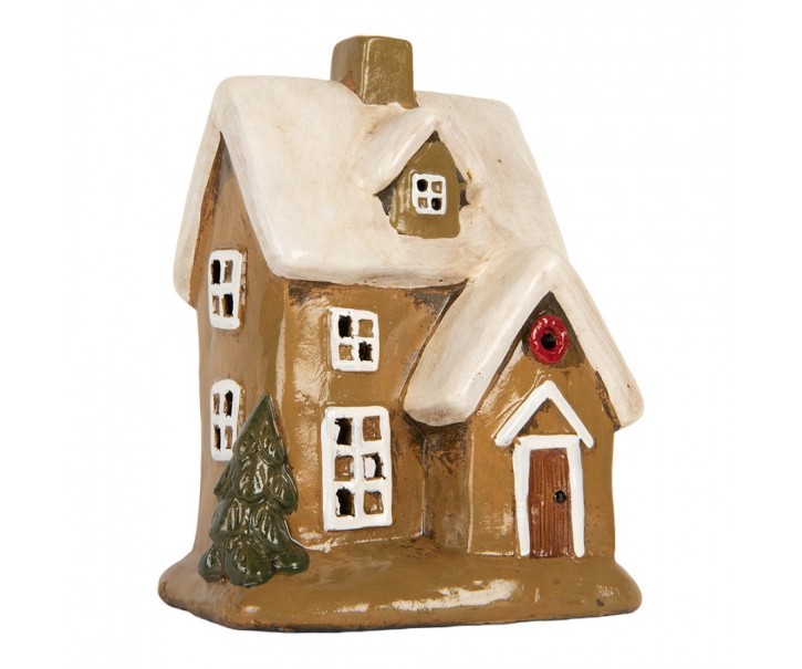 Hnědý keramický svícen na čajovou svíčku domek Village - 15*12*20 cm Clayre & Eef