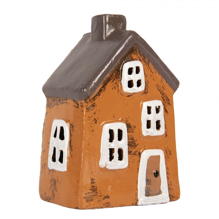 Oranžový keramický svícen na čajovou svíčku domek Village - 9*7*12 cm