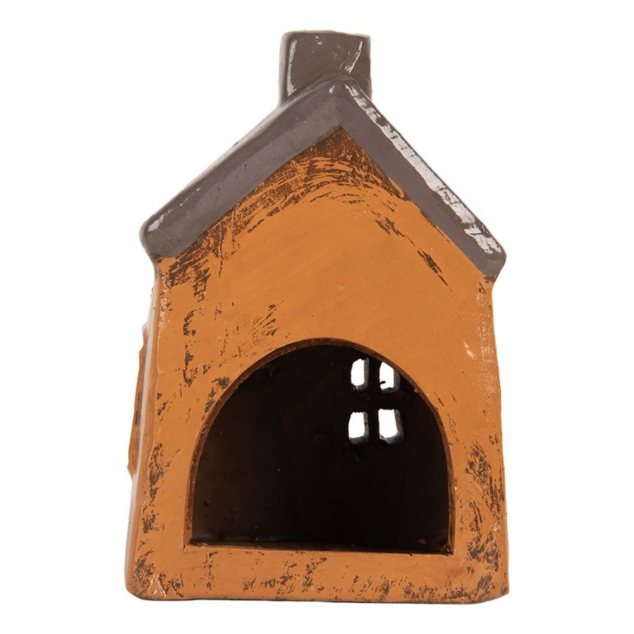 Oranžový keramický svícen na čajovou svíčku domek Village - 9*7*12 cm