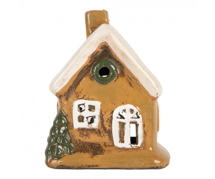 Hnědý keramický svícen na čajovou svíčku domek Village - 9*7*11 cm Clayre & Eef