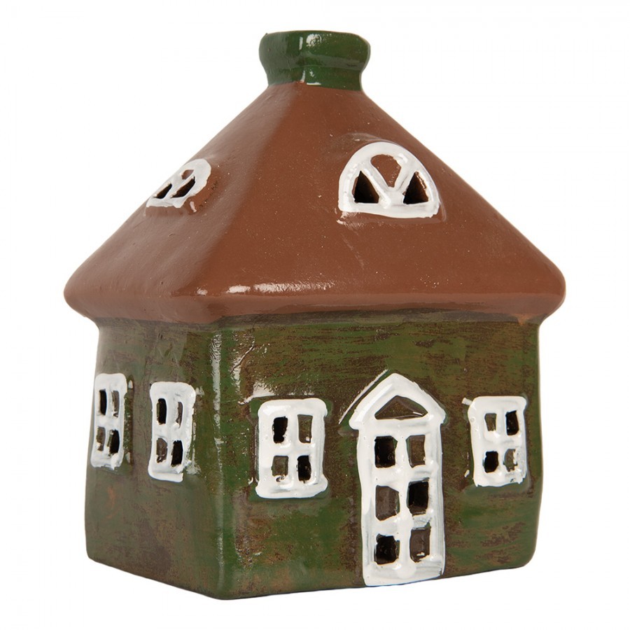 Zelený keramický svícen na čajovou svíčku domek Village - 12*9*14 cm