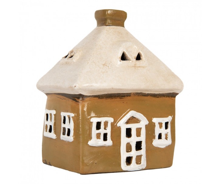 Hnědý keramický svícen na čajovou svíčku domek Village - 12*9*14 cm Clayre & Eef