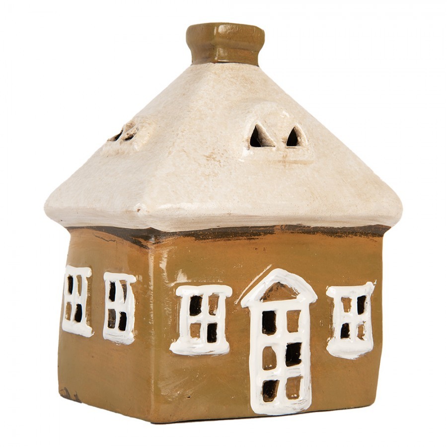 Hnědý keramický svícen na čajovou svíčku domek Village - 12*9*14 cm