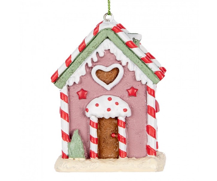 Růžová závěsná dekorace perníková chaloupka - 6*4*8 cm Clayre & Eef