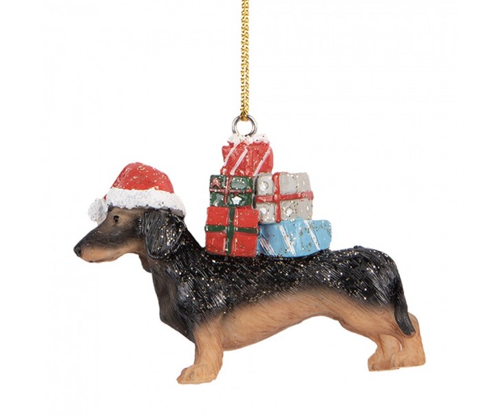 Hnědá závěsná dekorace jezevčík s dárečky - 7*2*6 cm Clayre & Eef