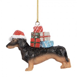 Hnědá závěsná dekorace jezevčík s dárečky - 7*2*6 cm