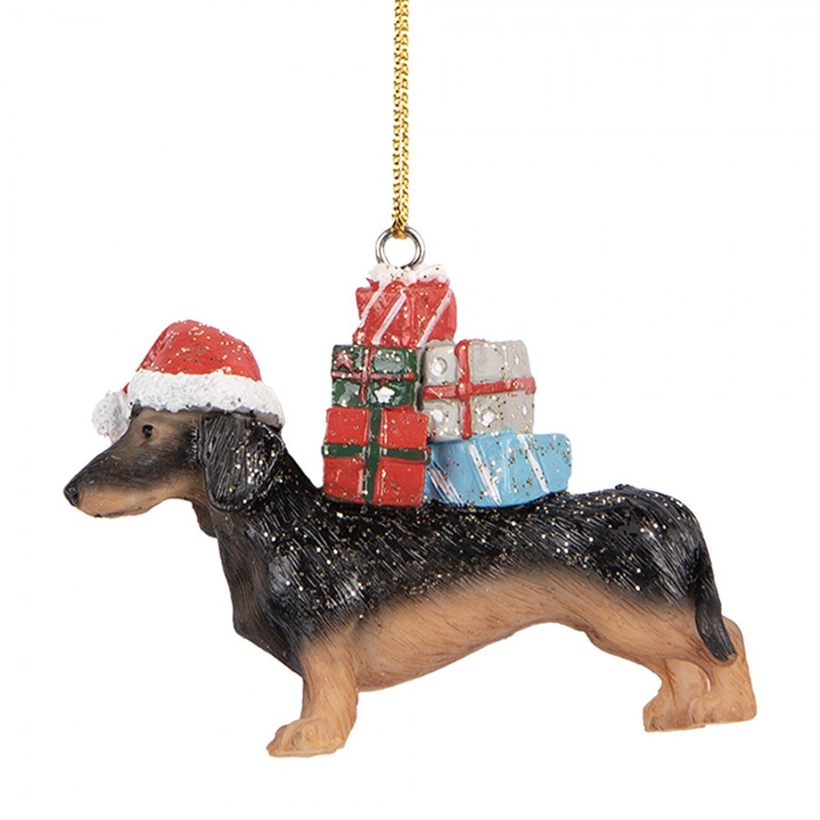Hnědá závěsná dekorace jezevčík Dachshund s dárečky - 7*2*6 cm