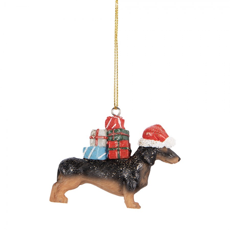 Hnědá závěsná dekorace jezevčík Dachshund s dárečky - 7*2*6 cm